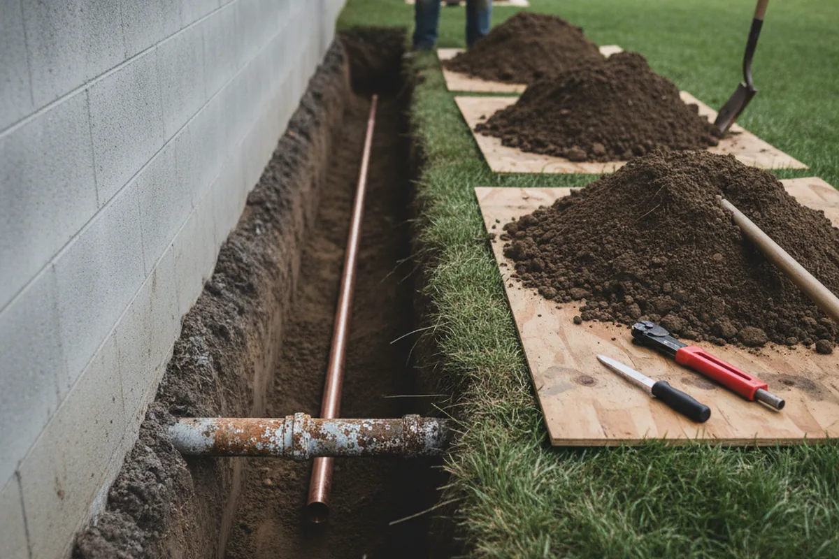 Excavated water line trench during Sewer Line Repair in Gulf Shores